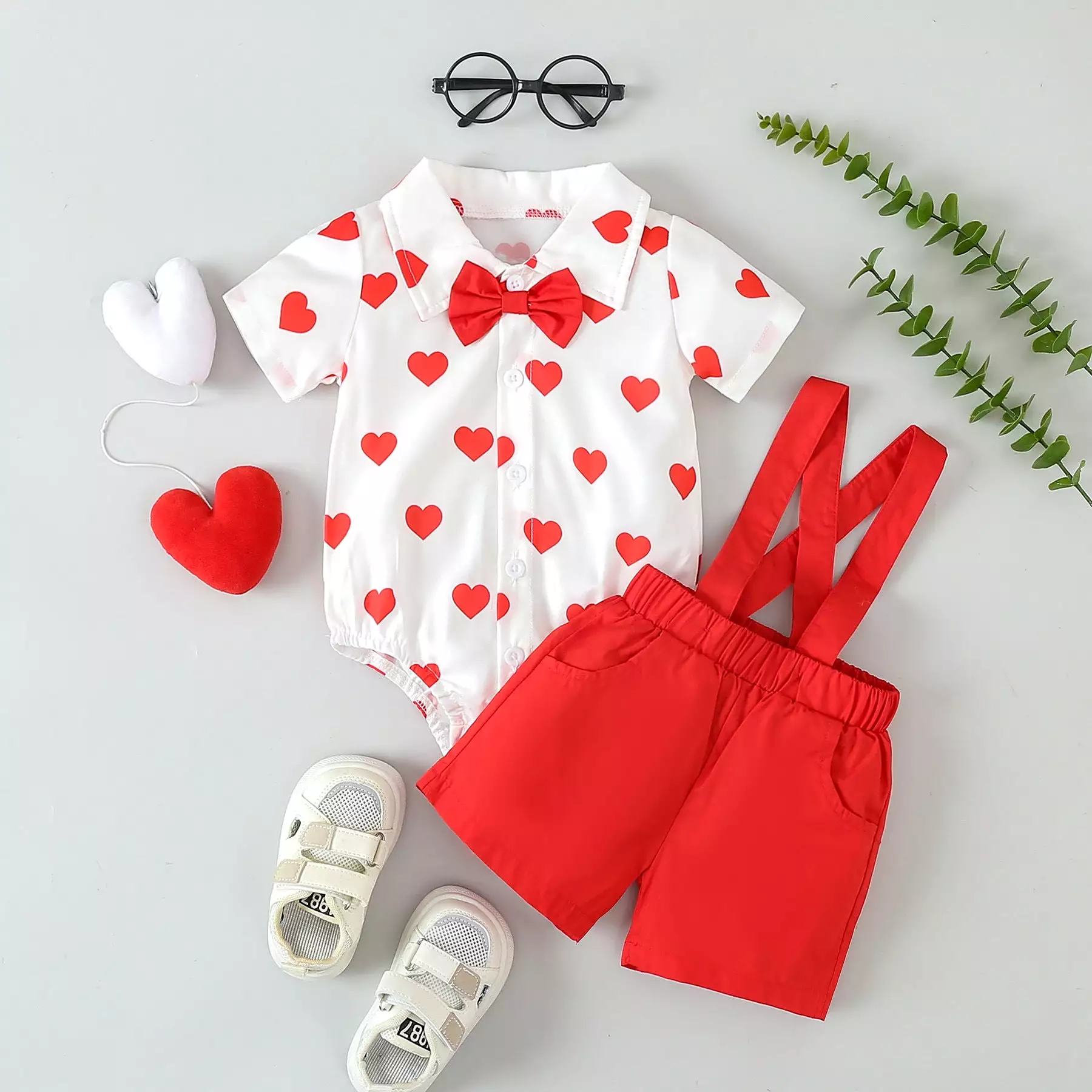 2 Pieces Set Baby Boys Love heart Rompers And Solid Color Shorts Wholesale 24030178