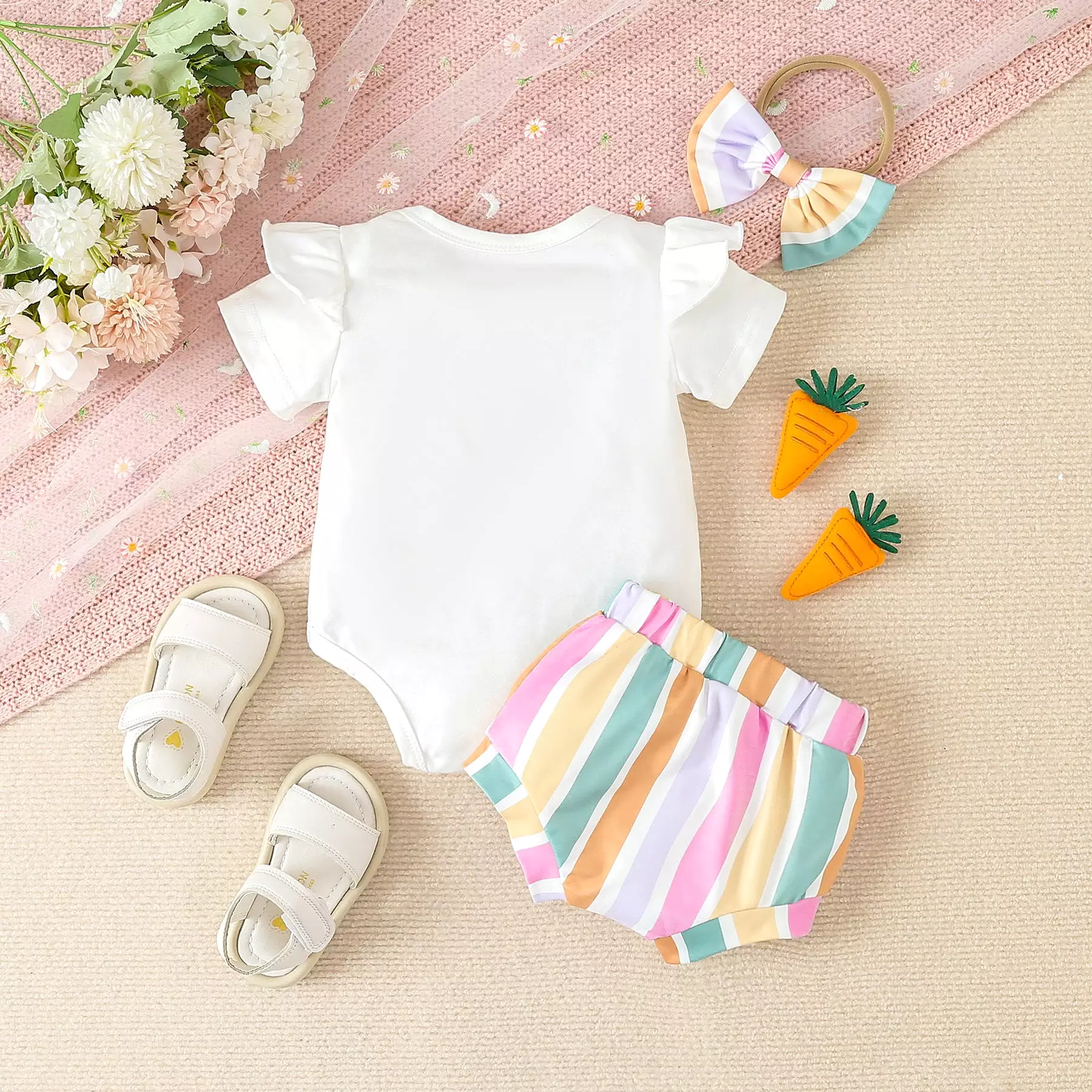 2 Pieces Set Baby Girls Easter Letters Rompers And Color-blocking Shorts Wholesale 24030166