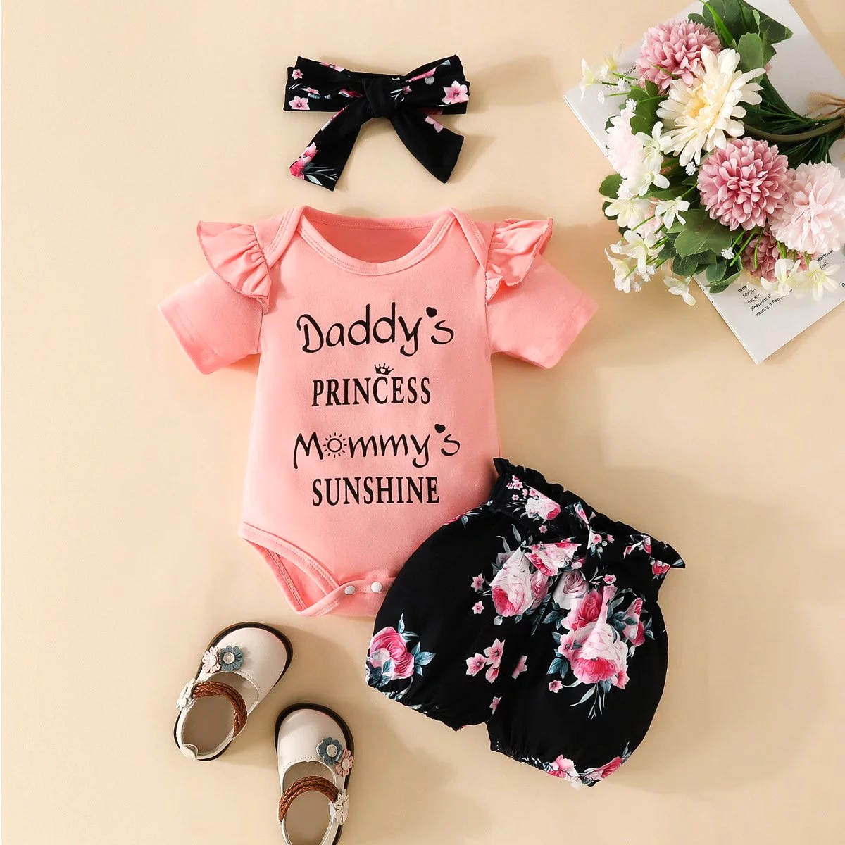 2 Pieces Set Baby Girls Letters Print Rompers And Flower Shorts Wholesale 20240407