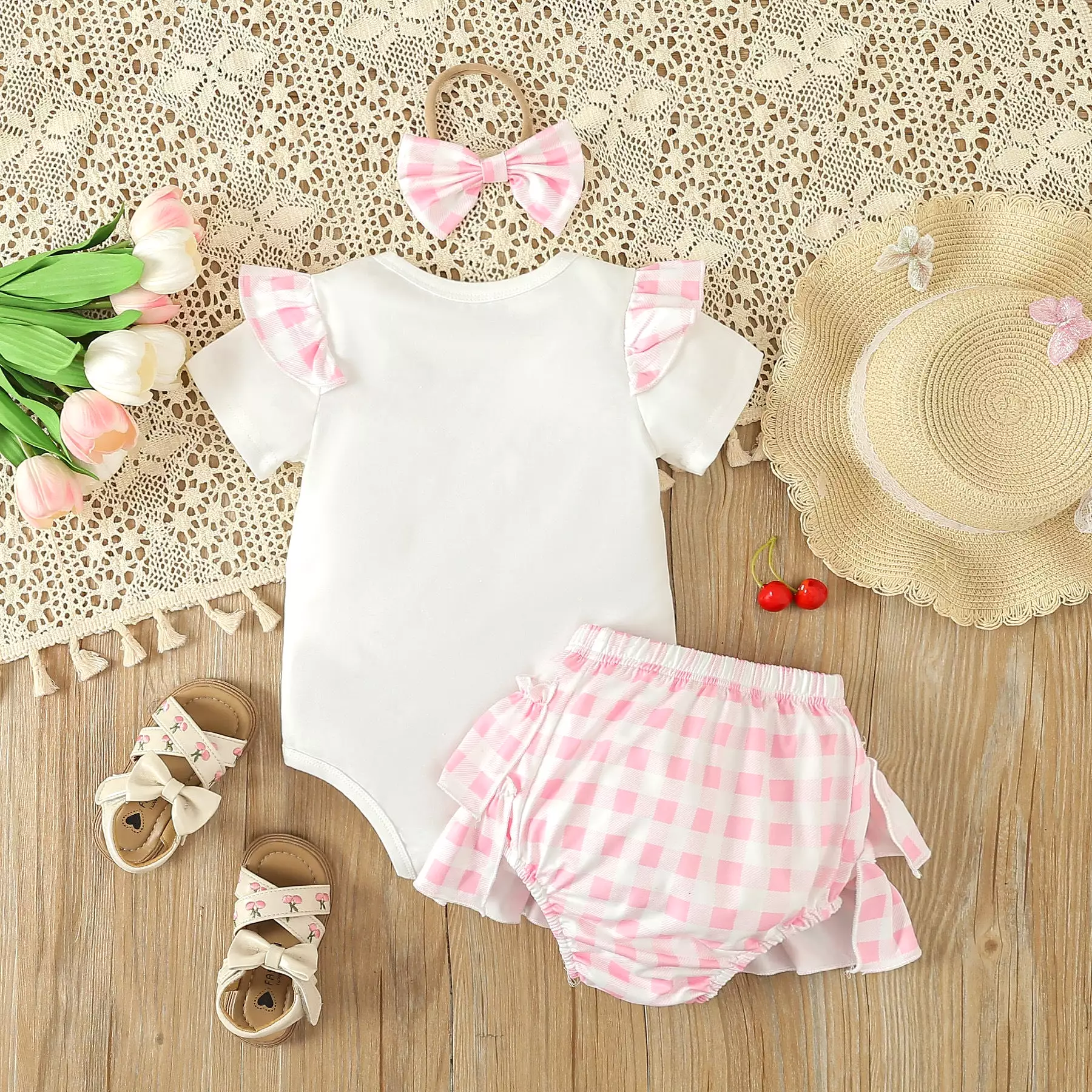 2 Pieces Set Baby Girls Letters Rompers And Checked Shorts Wholesale 240301131