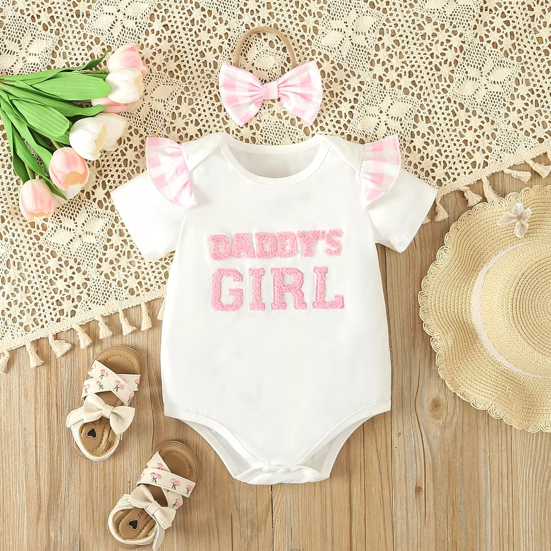 2 Pieces Set Baby Girls Letters Rompers And Checked Shorts Wholesale 240301131