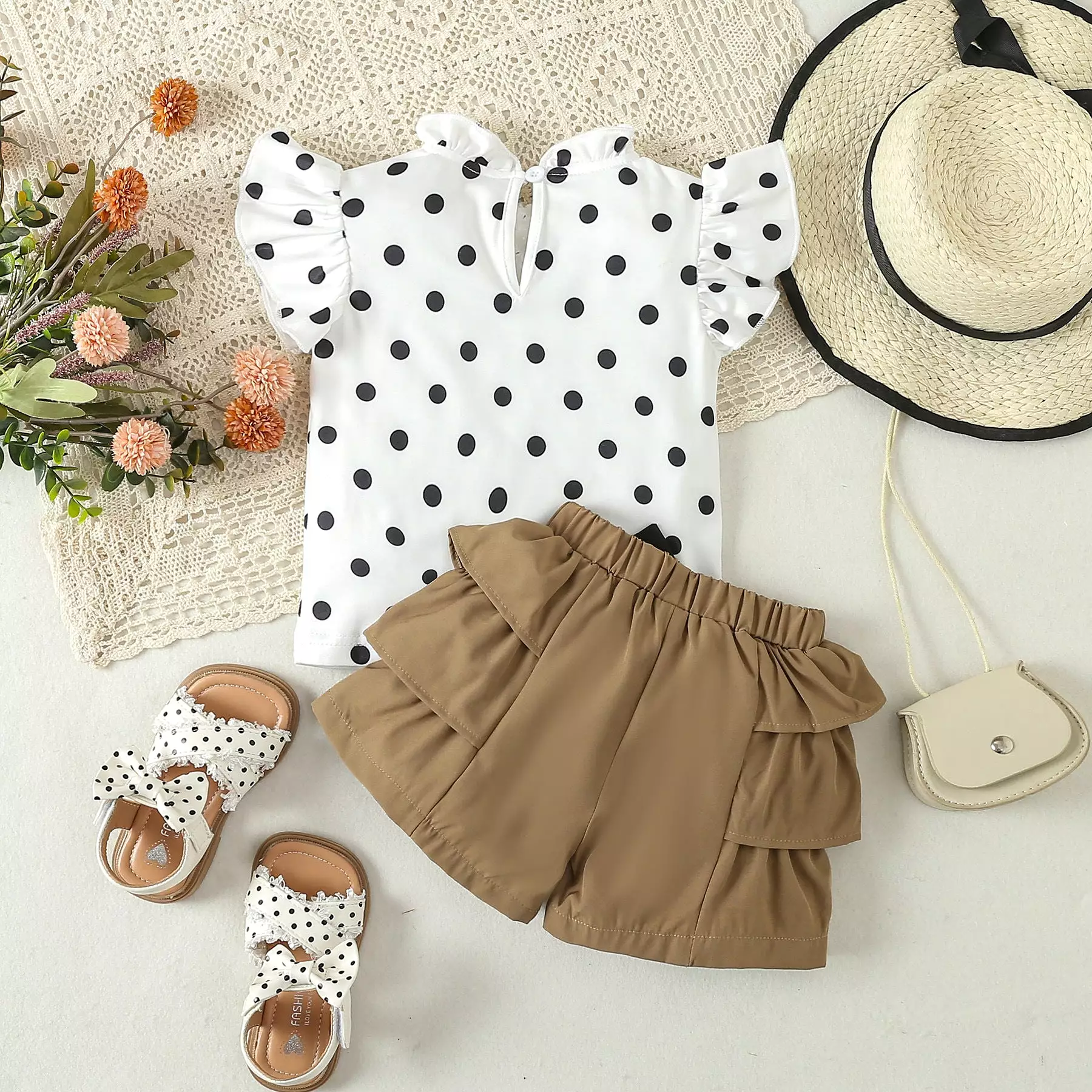 2 Pieces Set Baby Kid Girls Polka dots Tops And Solid Color Shorts Wholesale 24030187