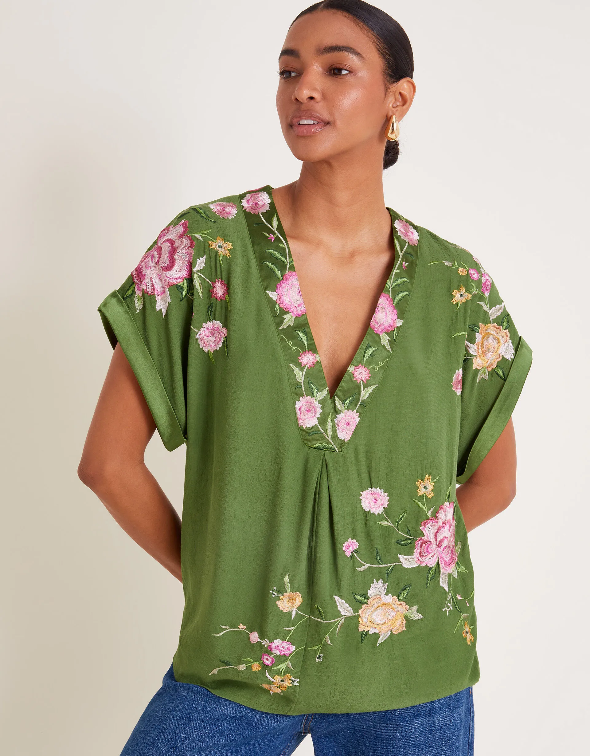 Alice Floral Embroidered V-Neck Blouse Green