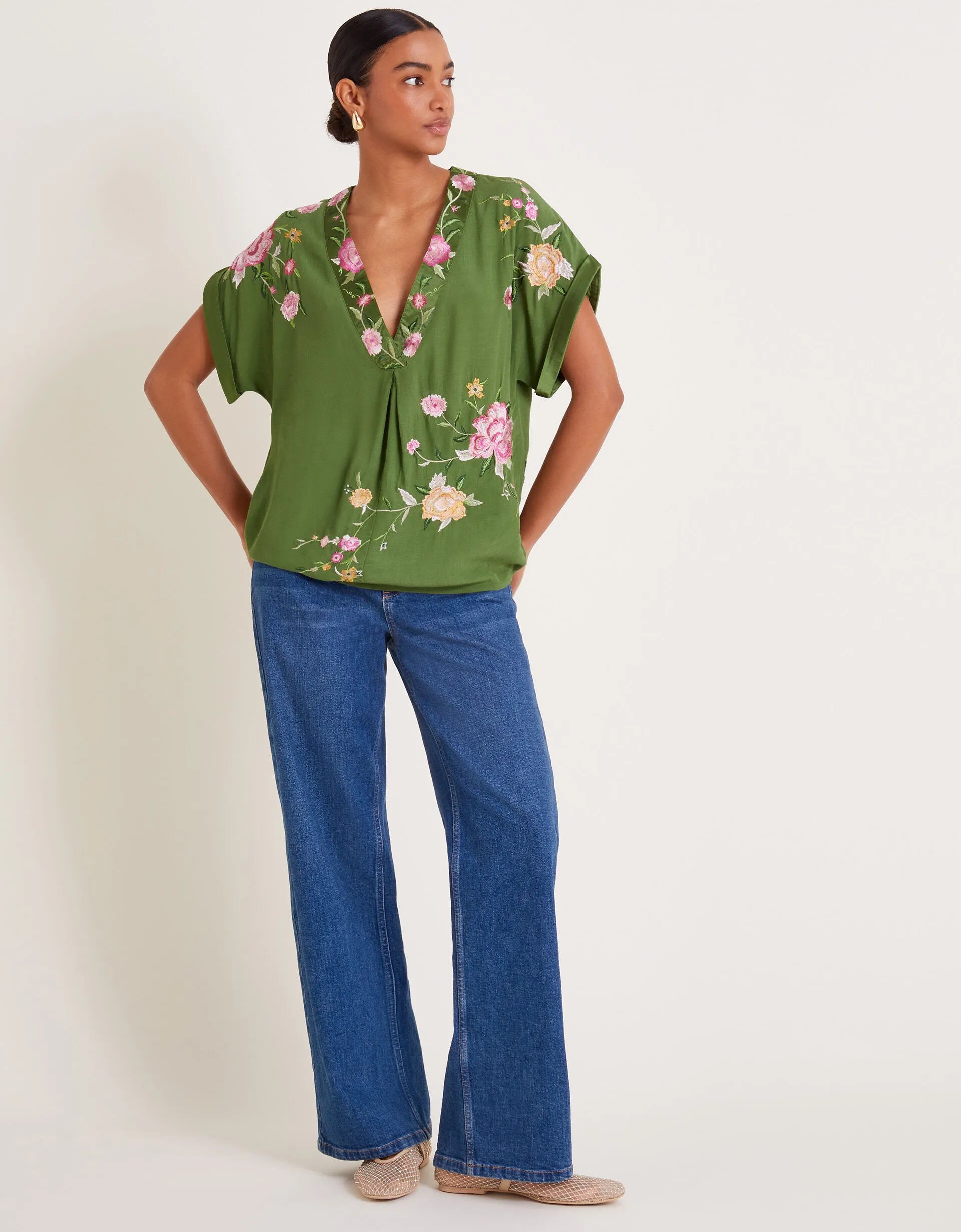 Alice Floral Embroidered V-Neck Blouse Green