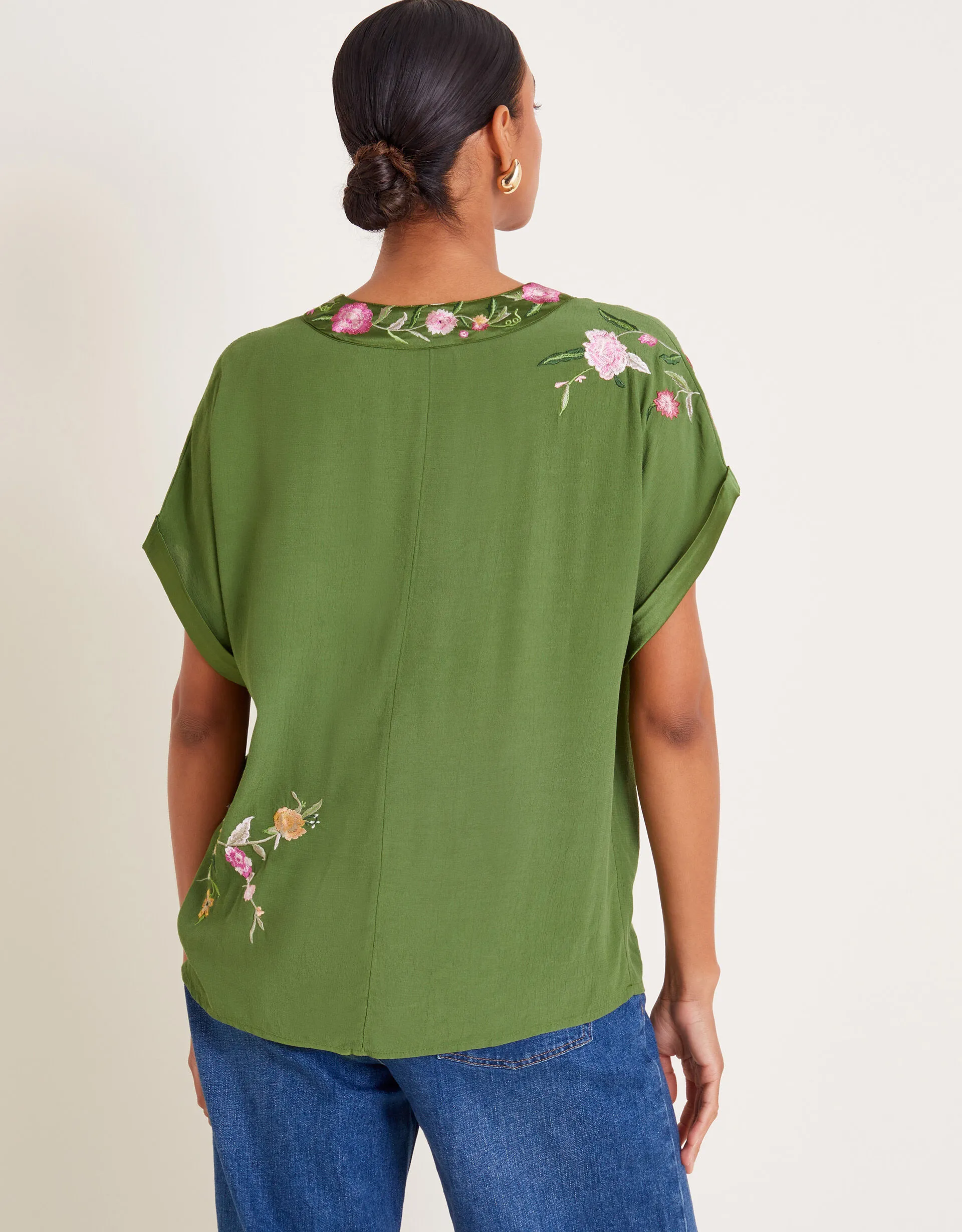 Alice Floral Embroidered V-Neck Blouse Green