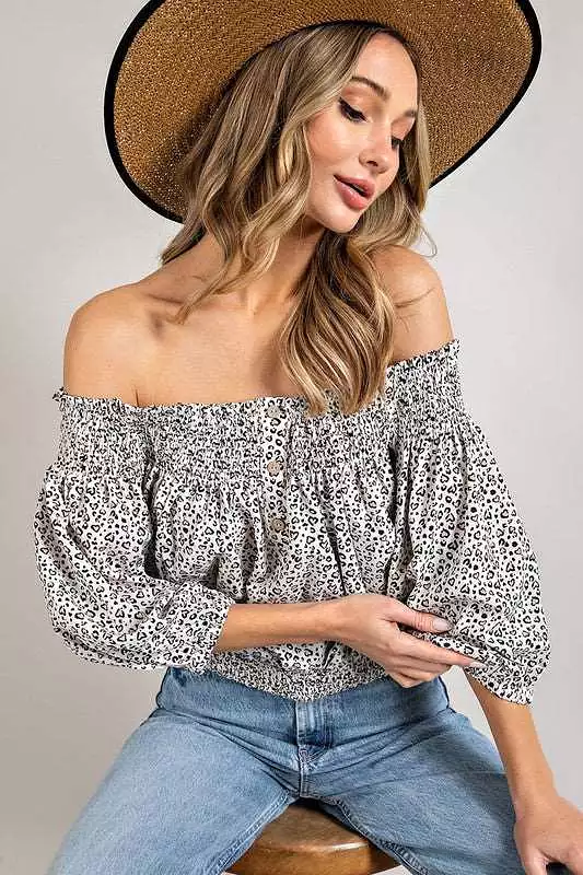 Animal Print Smocked Off The Shoulder Top