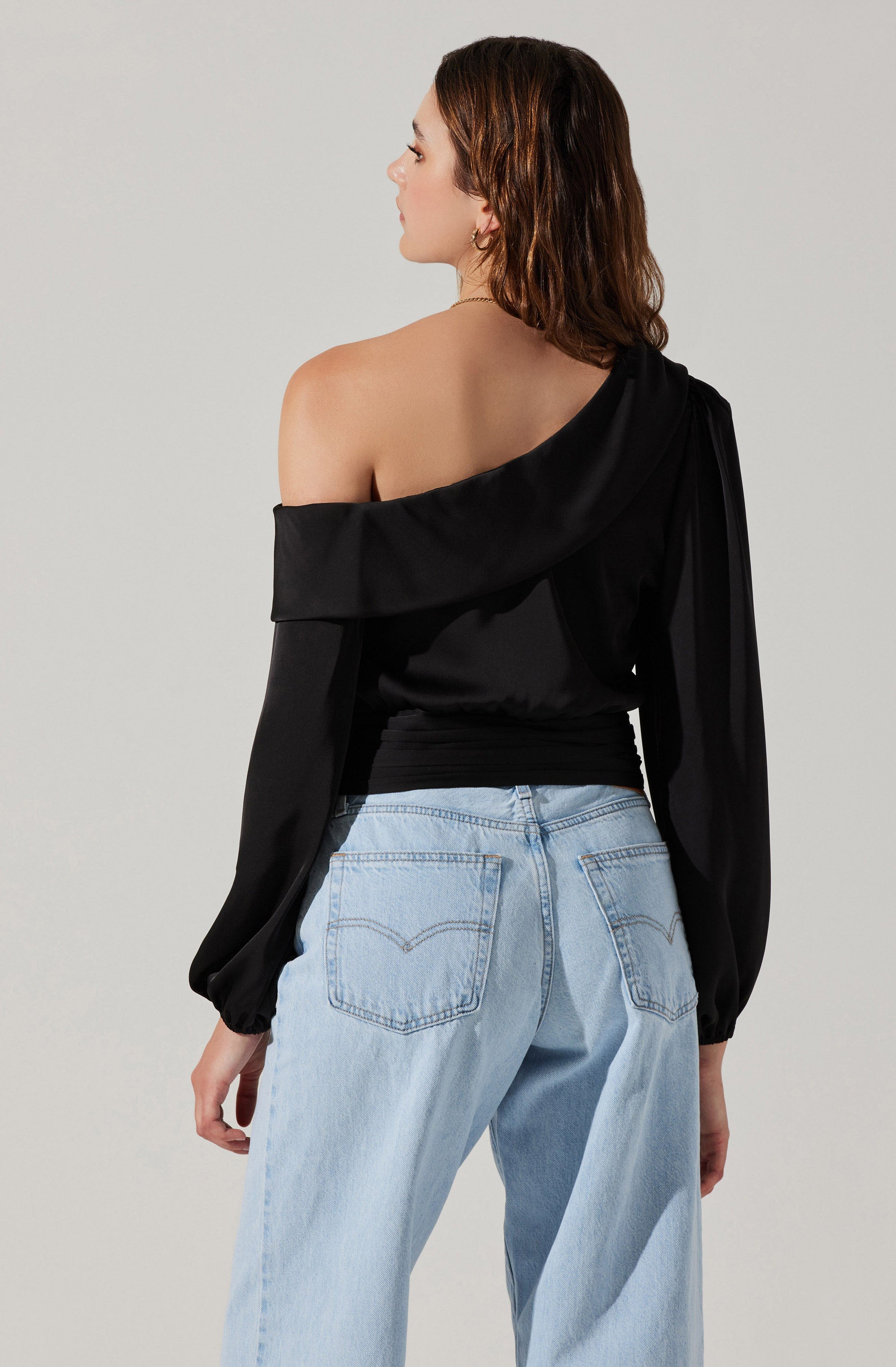 Asymmetrical Cinched Waist Long Sleeve Top