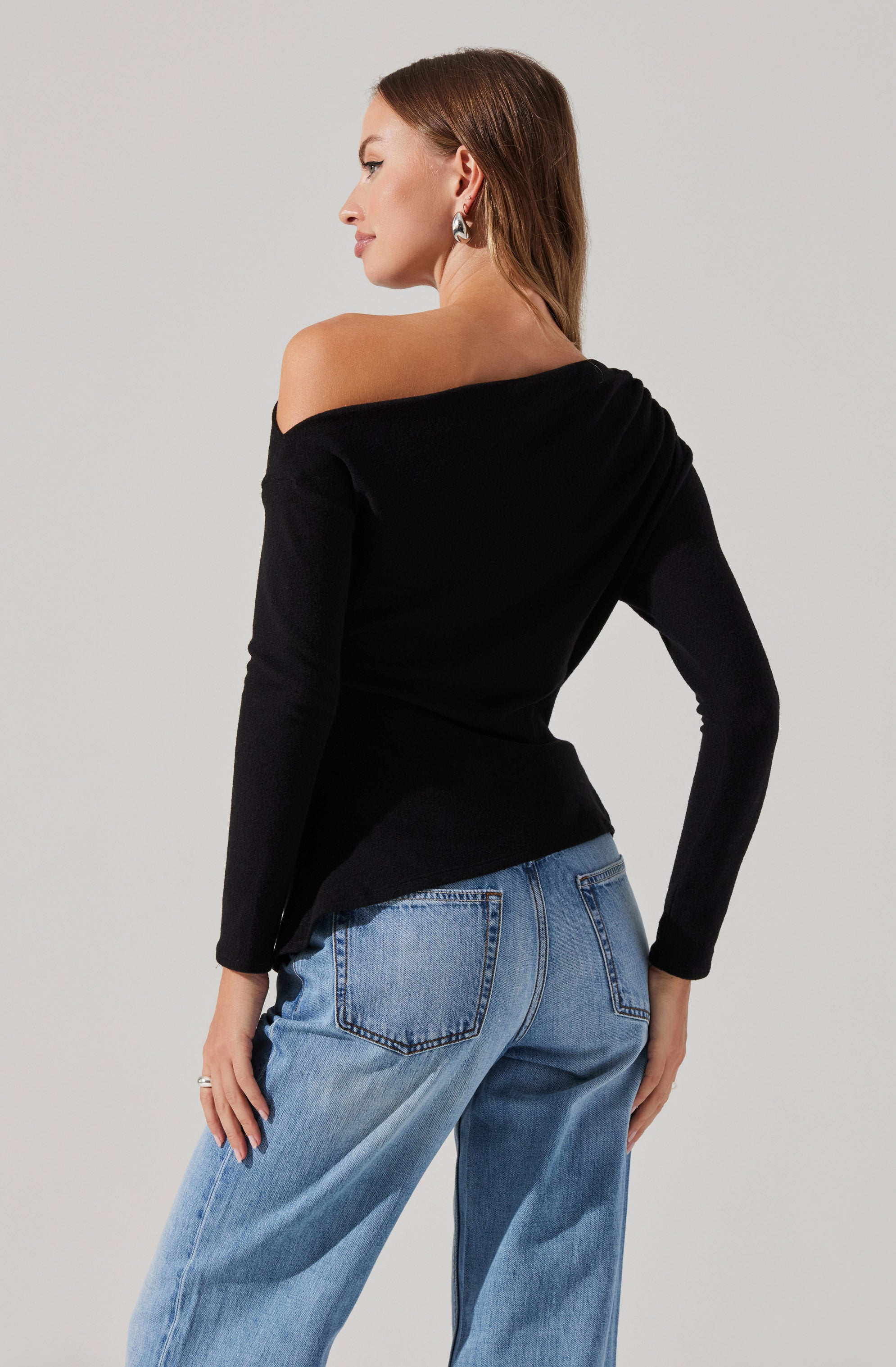 Asymmetrical Off Shoulder Tie Knit Top