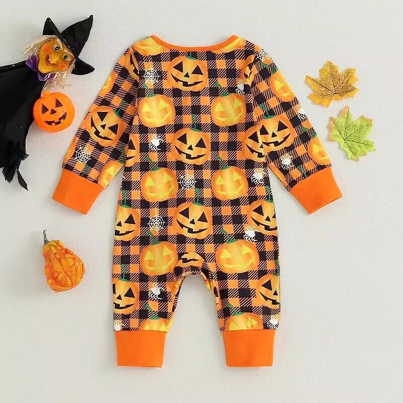 Baby Girls Boys Checked Cartoon Print Halloween Jumpsuits Wholesale 23090641