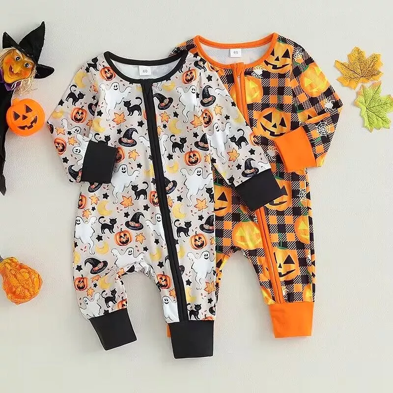 Baby Girls Boys Checked Cartoon Print Halloween Jumpsuits Wholesale 23090641