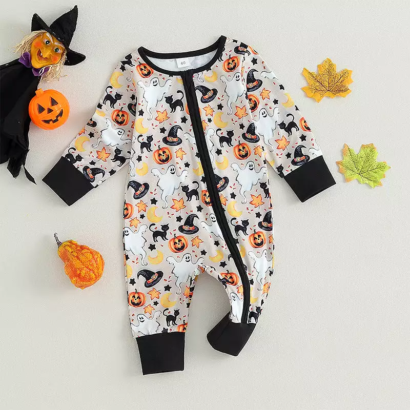 Baby Girls Boys Checked Cartoon Print Halloween Jumpsuits Wholesale 23090641