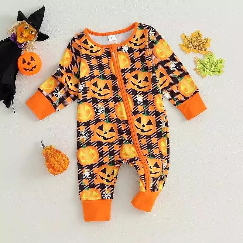 Baby Girls Boys Checked Cartoon Print Halloween Jumpsuits Wholesale 23090641