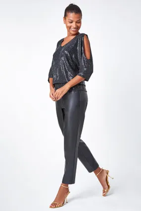 Black Cold Shoulder Sequin Stretch Top | Roman UK