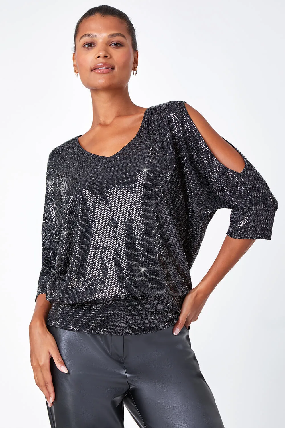 Black Cold Shoulder Sequin Stretch Top | Roman UK