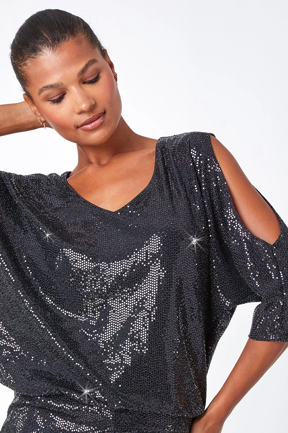 Black Cold Shoulder Sequin Stretch Top | Roman UK