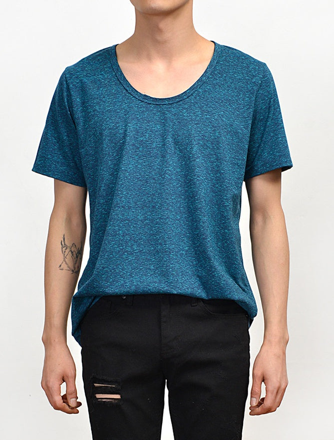 Blue Casual Short Sleeve Tshirts Mens Tees Slub Fabric Scoop Neck Tops