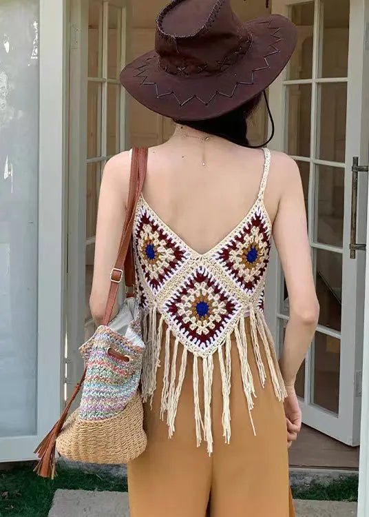 Bohemian Apricot Hollow Out Tasseled Strap Tank Summer HA1019