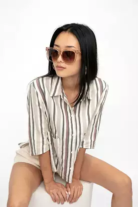 Boxy Linen Shirt Jacket in Carob Stripe