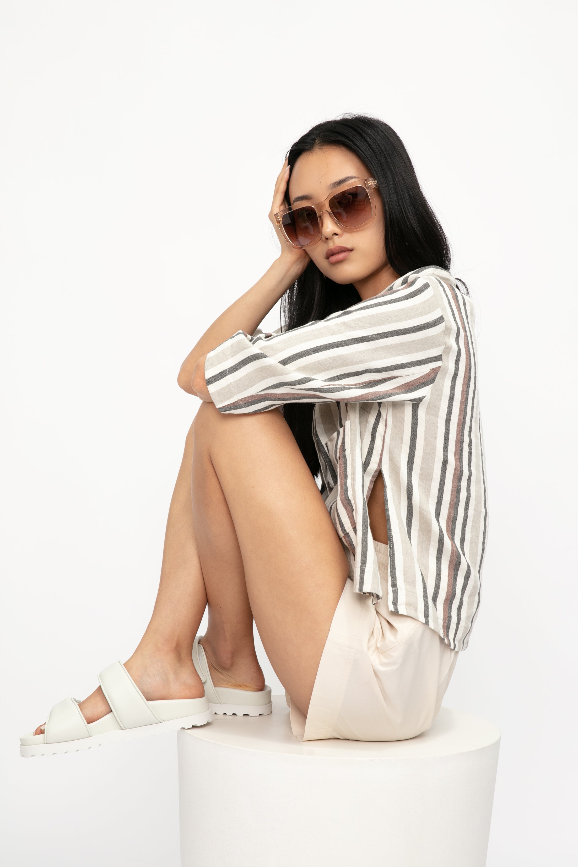 Boxy Linen Shirt Jacket in Carob Stripe