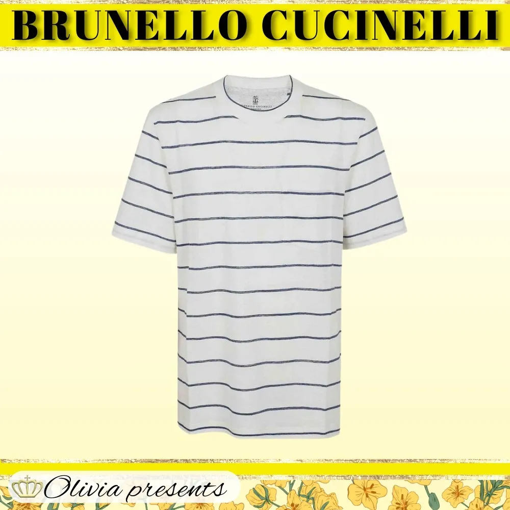 BRUNELLO CUCINELLI  |Stripes Linen Cotton Short Sleeves Logo T-Shirts