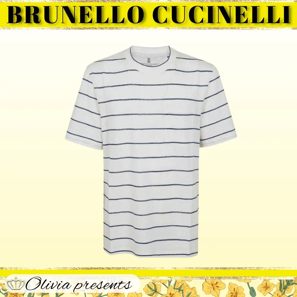 BRUNELLO CUCINELLI  |Stripes Linen Cotton Short Sleeves Logo T-Shirts