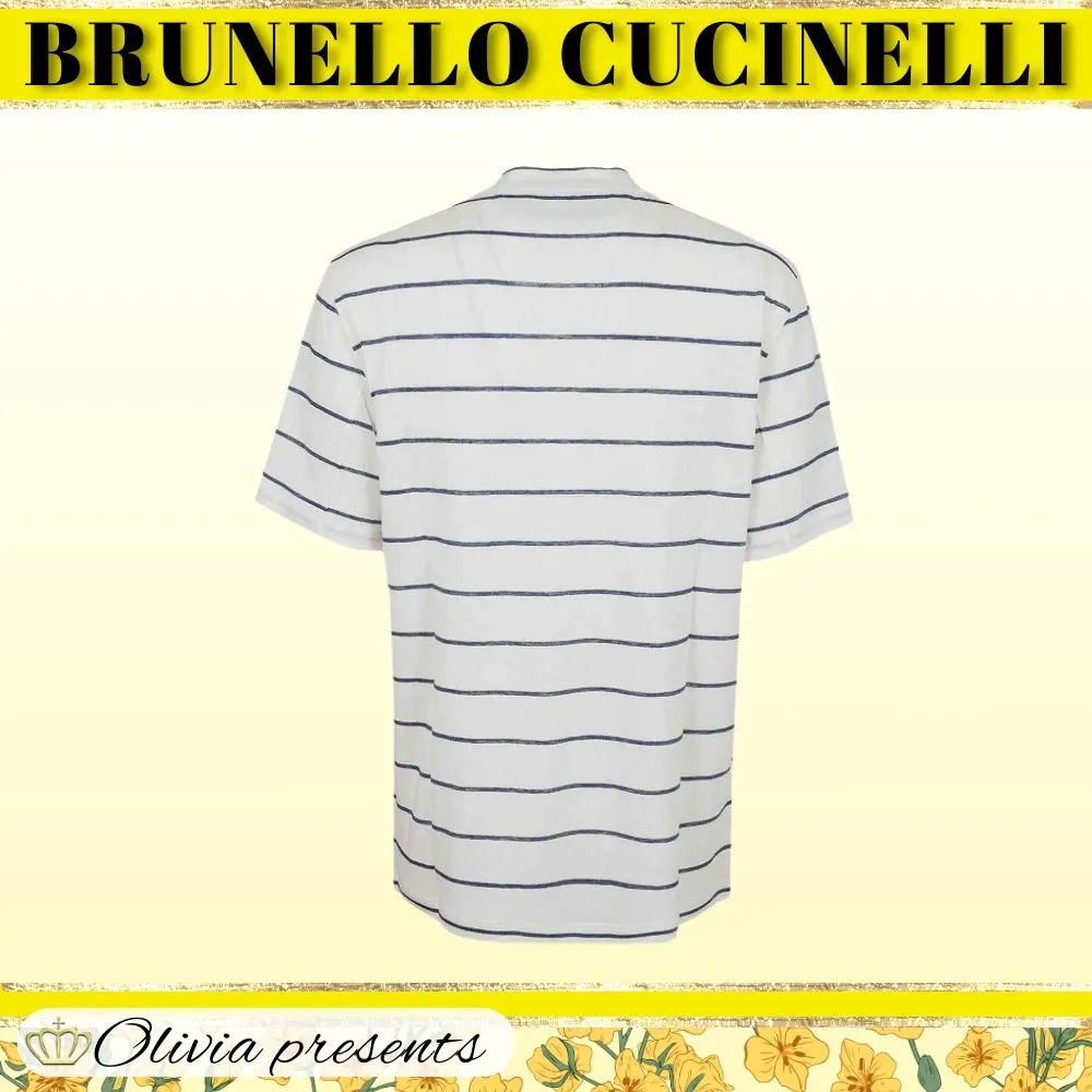 BRUNELLO CUCINELLI  |Stripes Linen Cotton Short Sleeves Logo T-Shirts