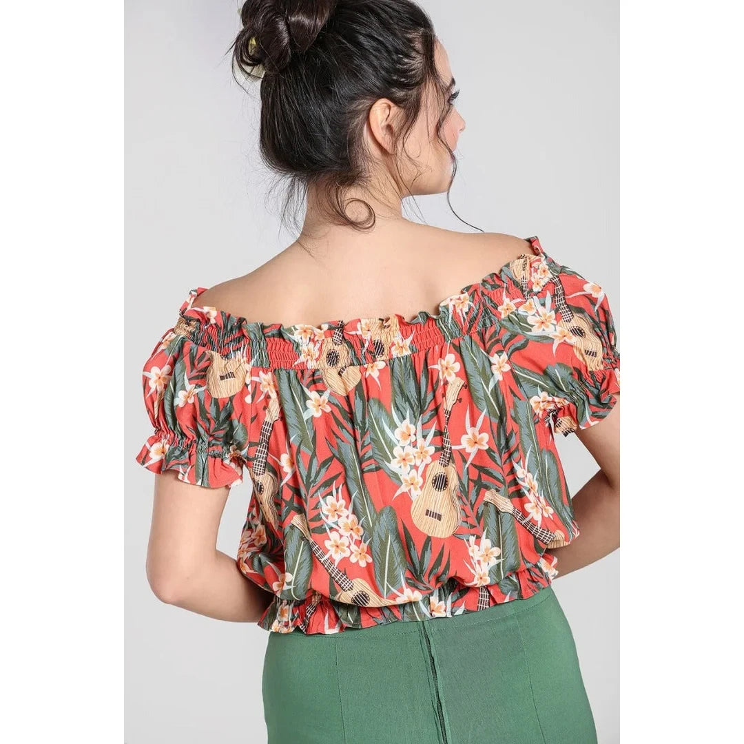 Burnt Orange Tropical Ukelele Print Off-the-shoulder top