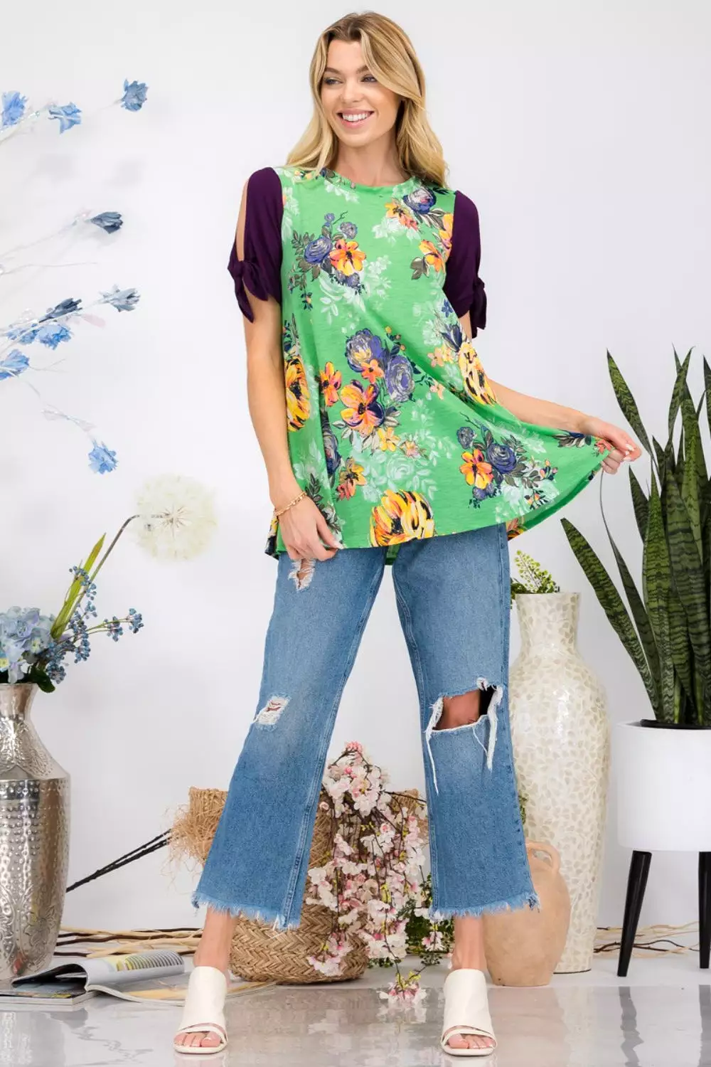 Celeste Full Size Open Tie Sleeve Round Neck Floral Blouse