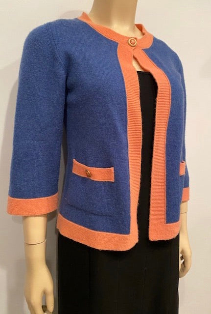 Chanel 07P 2007 Spring Dusty Blue Peach Trim Cashmere Cardigan Sweater FR 38 US 4