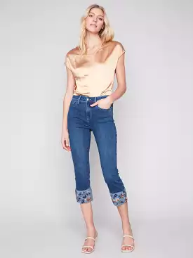 Charlie B Indigo Embroidered Cuffed Ankle Pants - C5473 431A