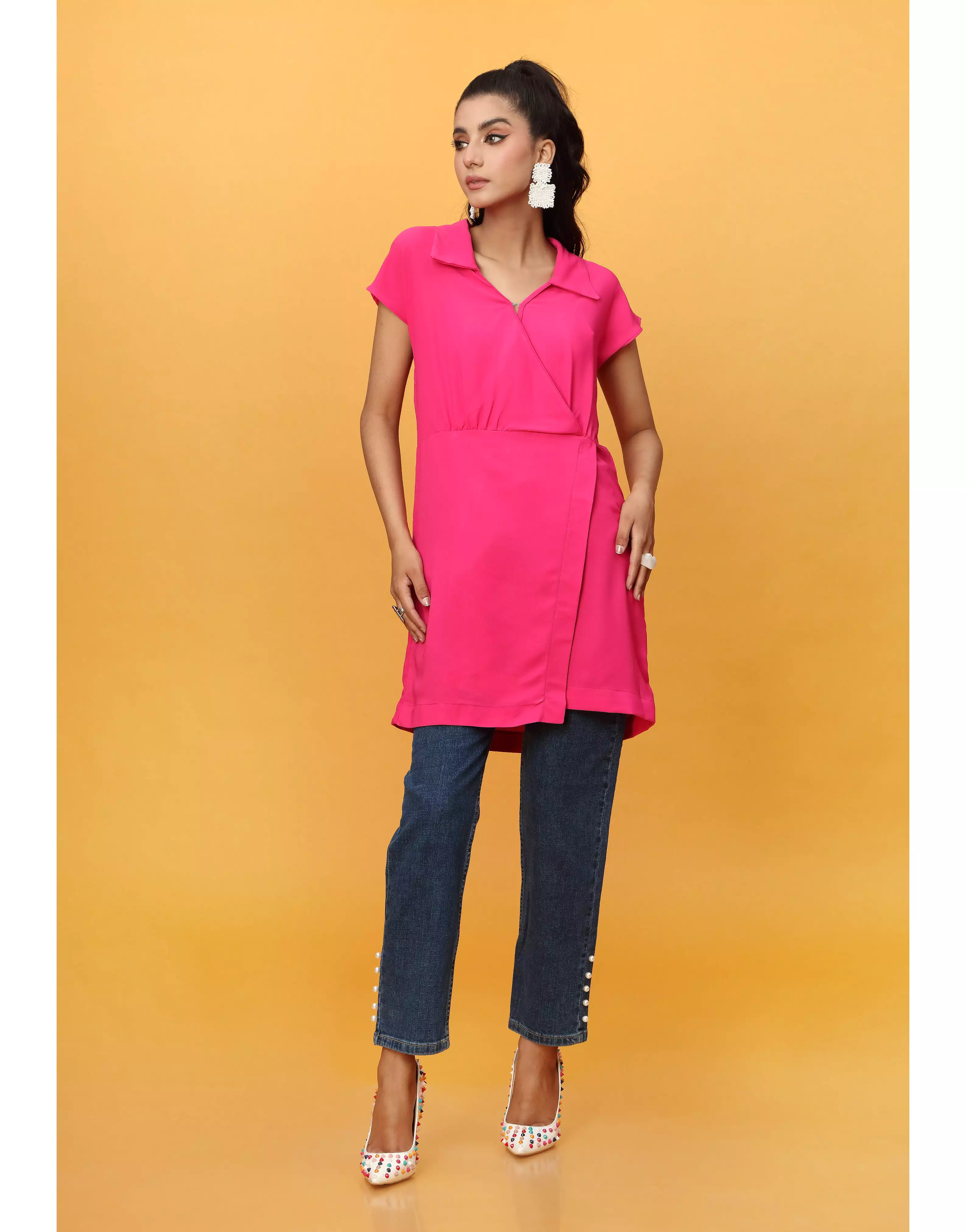 Collar Neck Long Top in Hot Pink