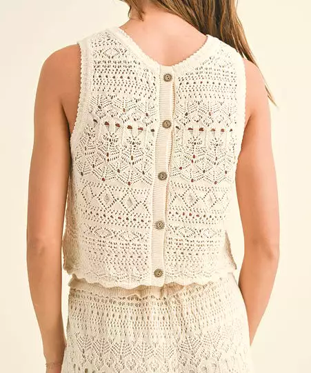 Crochet Back Button Top - Beige