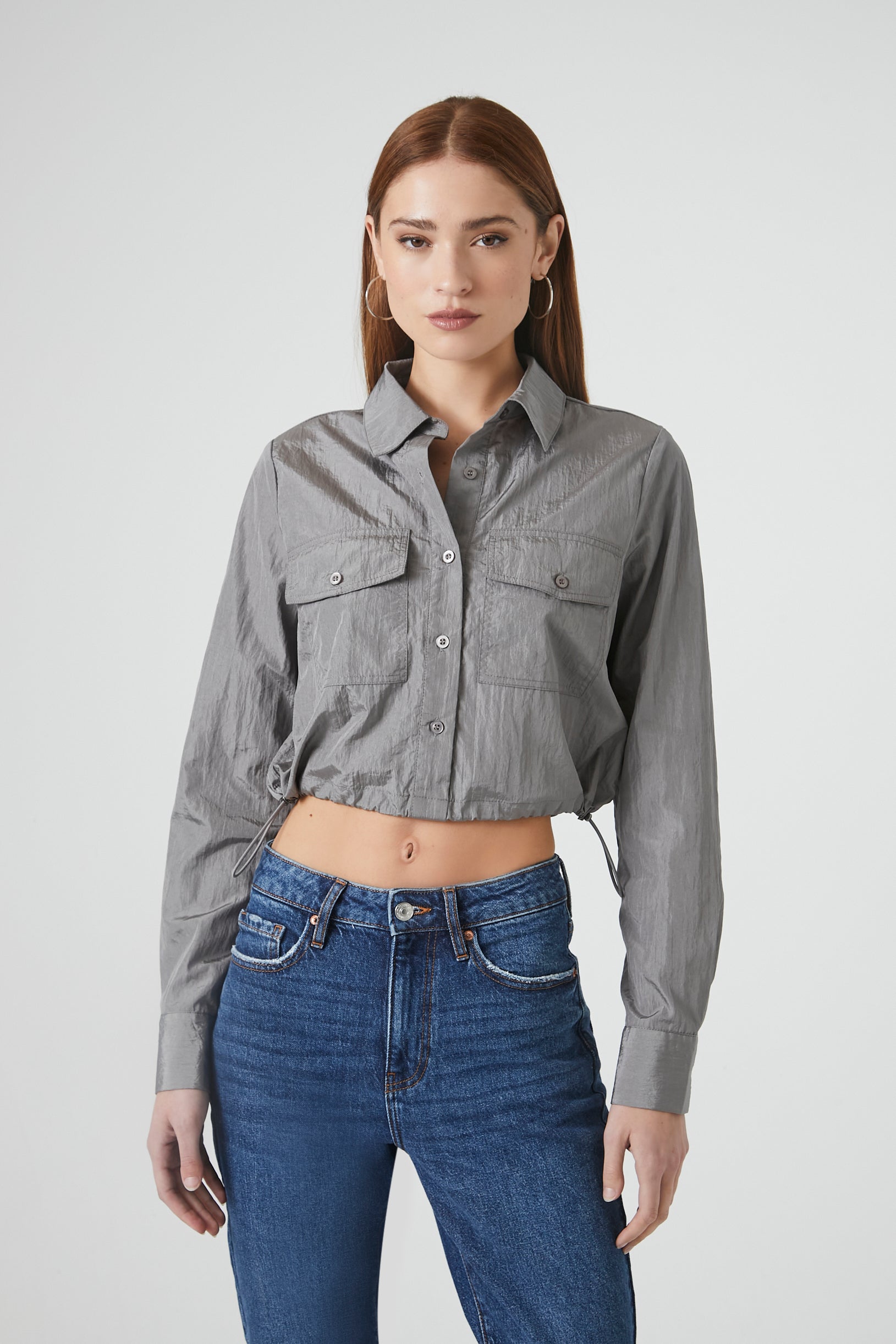 Cropped Toggle Drawstring Shirt