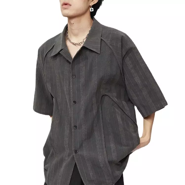 Dark striped loose retro thin short-sleeved shirt