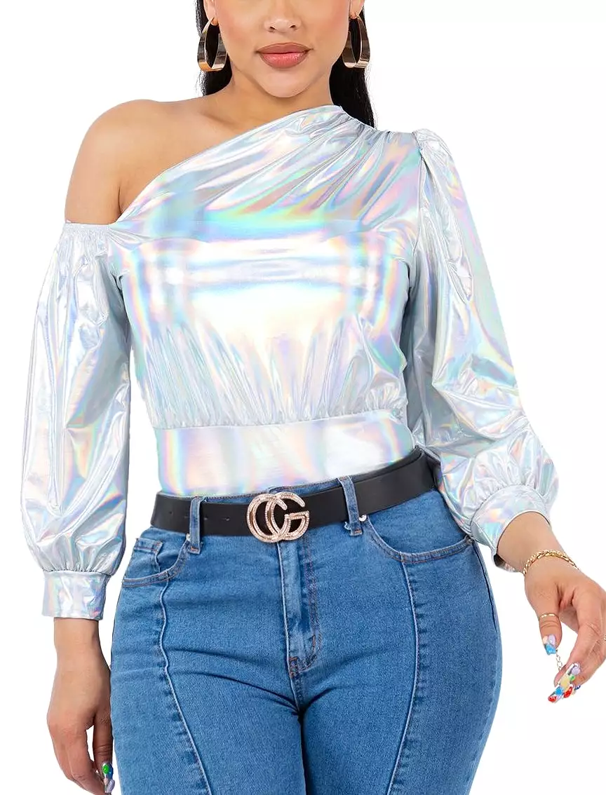 DT14034 Asymmetrical silver off shoulder top