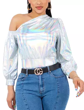 DT14034 Asymmetrical silver off shoulder top