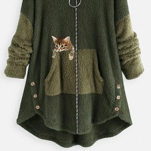 Fashion Cat Solid Color Cotton Blend Polyester Patchwork Coat Polar Fleece Coat