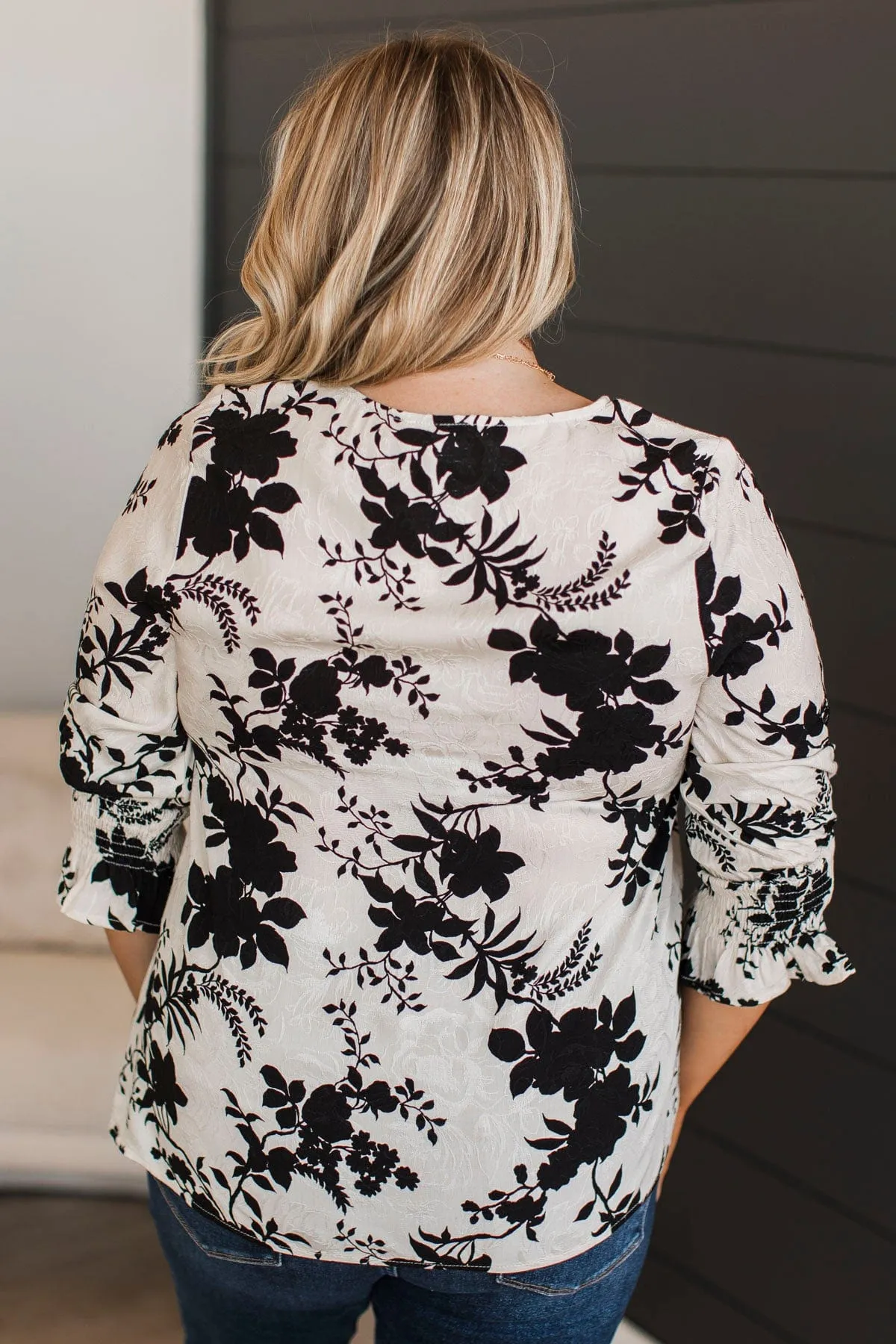 Give You Love Floral Jacquard Blouse- Ivory & Black