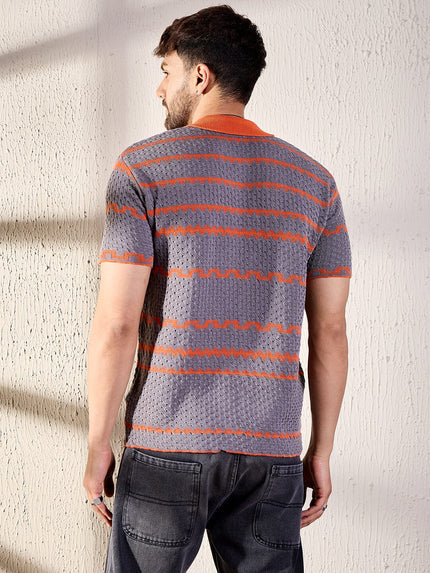 grey and orange striped crochet shirt