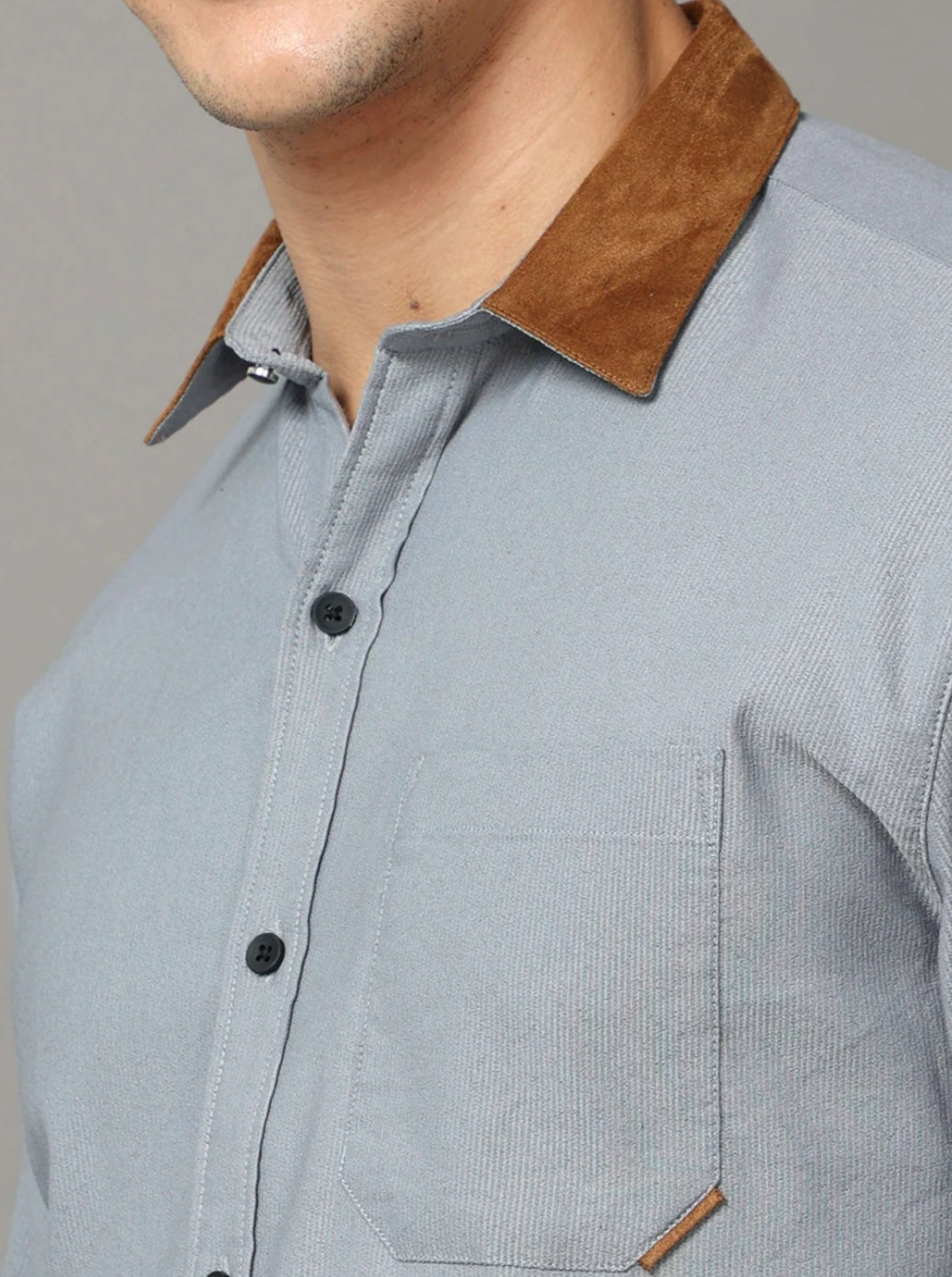 grey cotton self stripe corduroy with leather constrast shirt