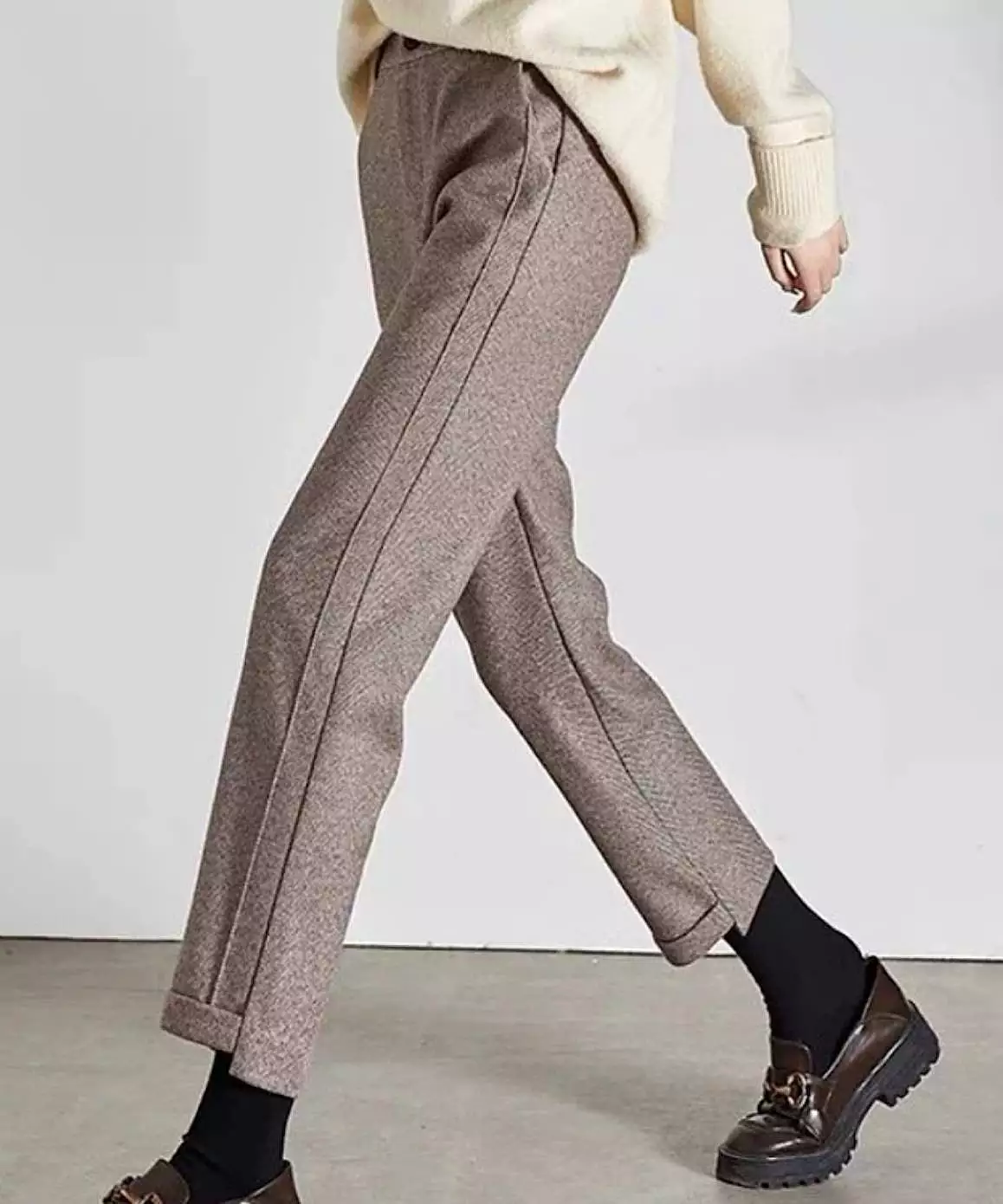 Herringbone Knit High Waist Ankle Trousers