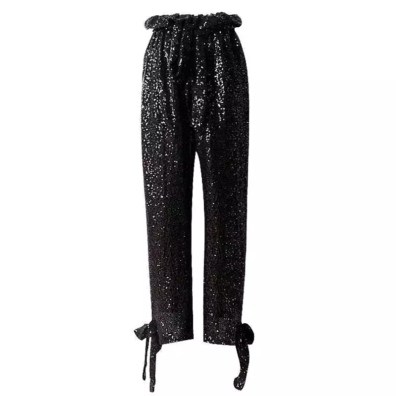 High Waisted Loose Sequined Bow Ankle Pants