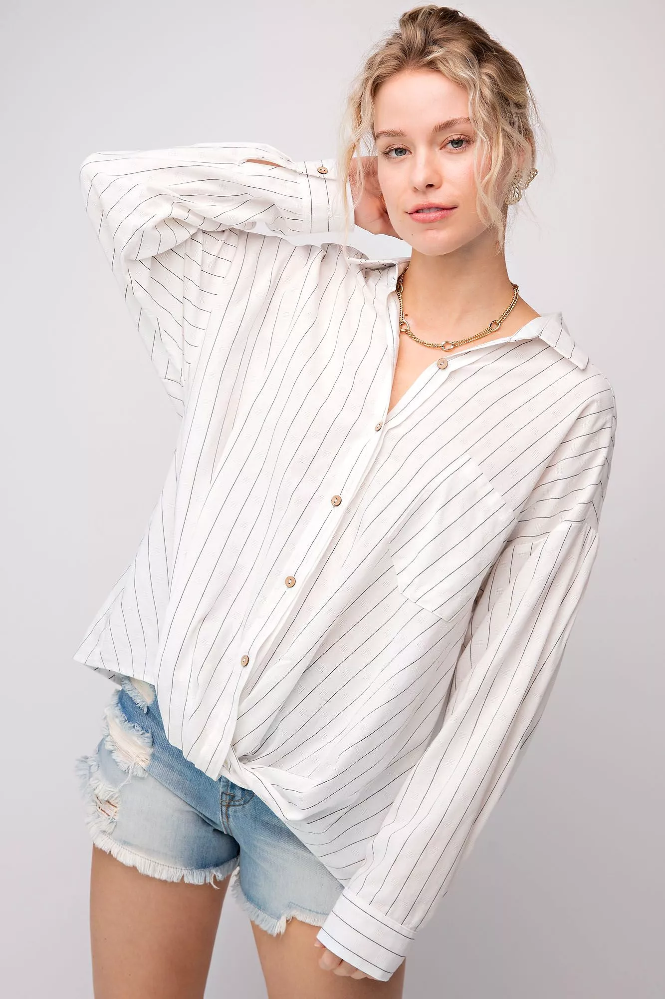 Linen Pinstripe Twisted Button Down Top