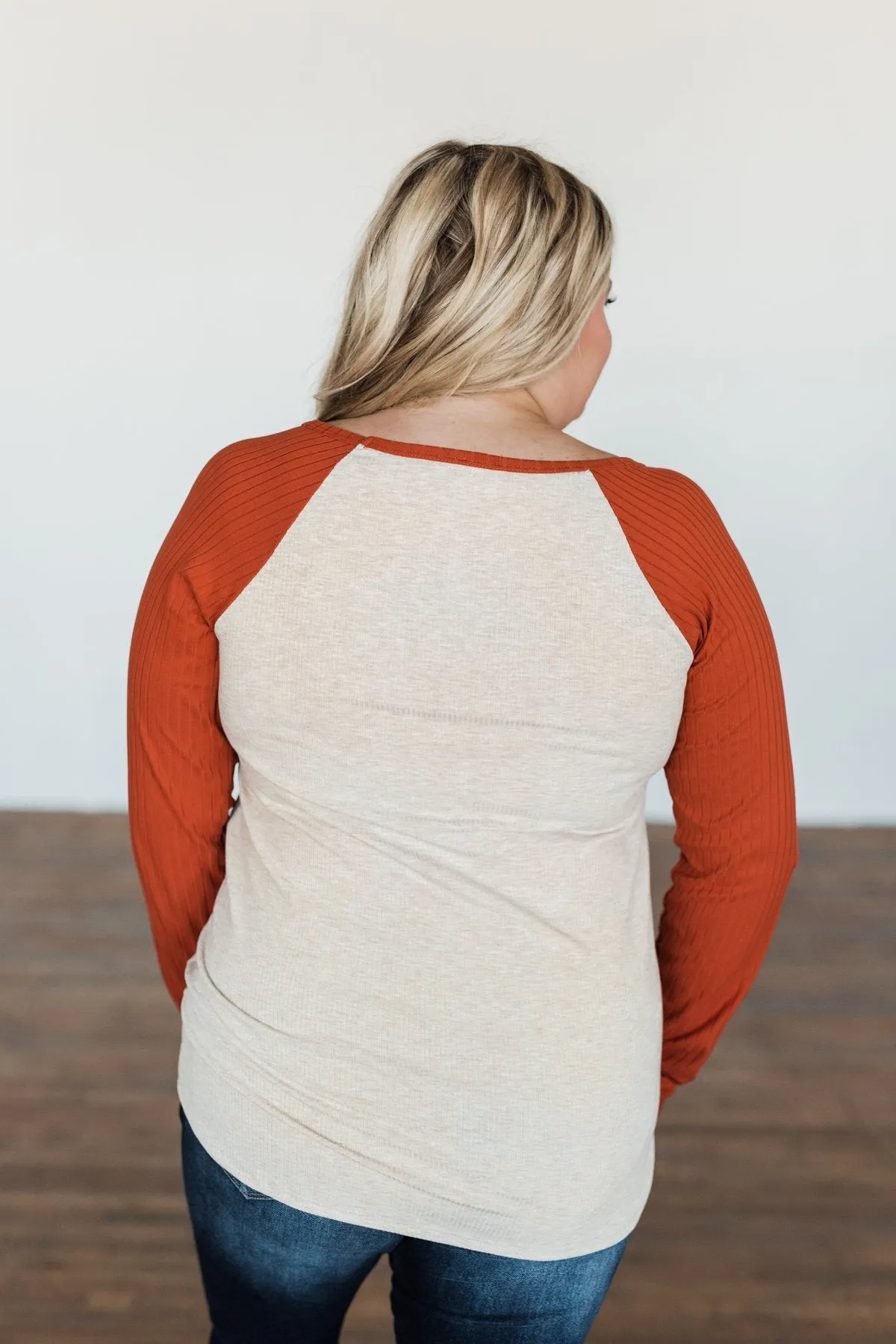 Live Your Life Long Sleeve Raglan Top- Oatmeal & Burnt Orange