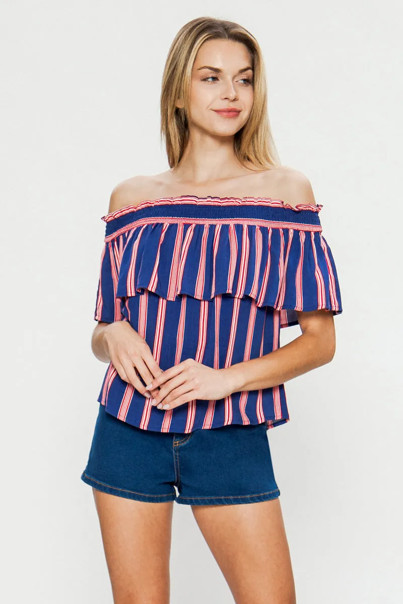 Multi-Color Off Shoulder Striped Top With Short Flutter Sleeves