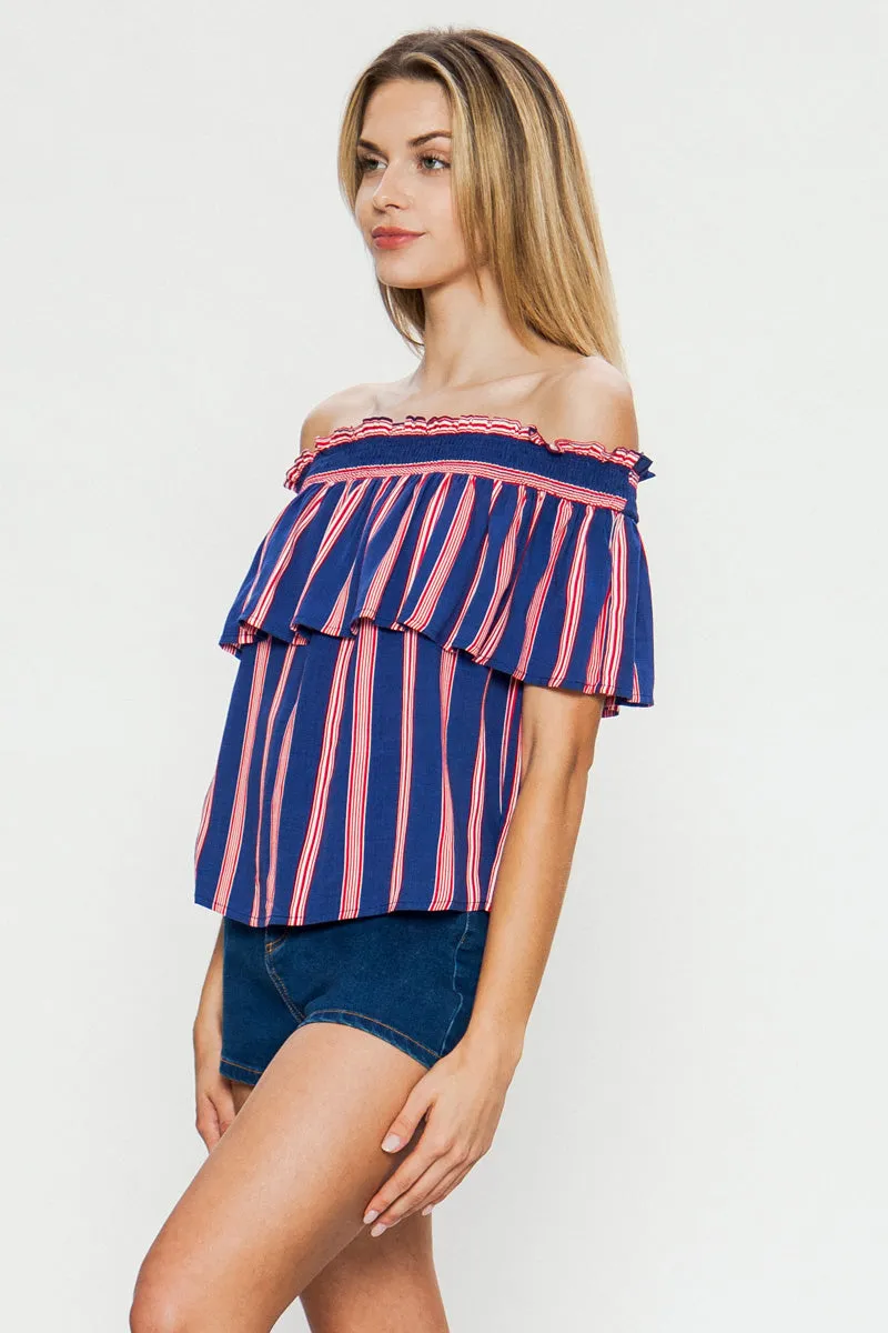 Multi-Color Off Shoulder Striped Top With Short Flutter Sleeves