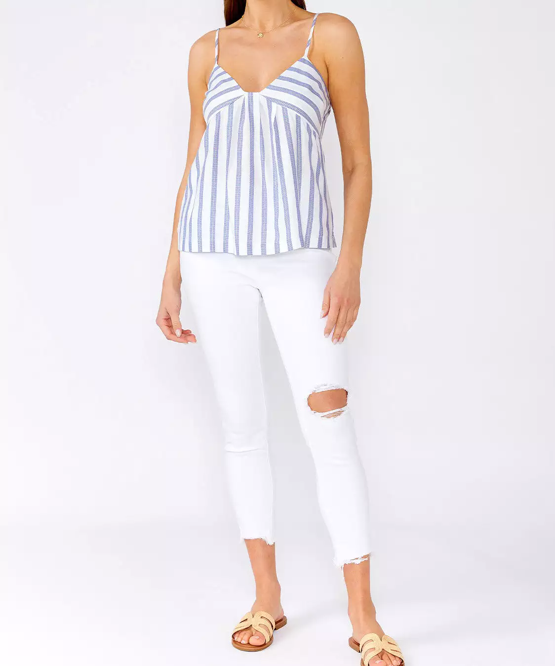 Nautical Stripe Metallic V-Neck Tank Top - White/Blue