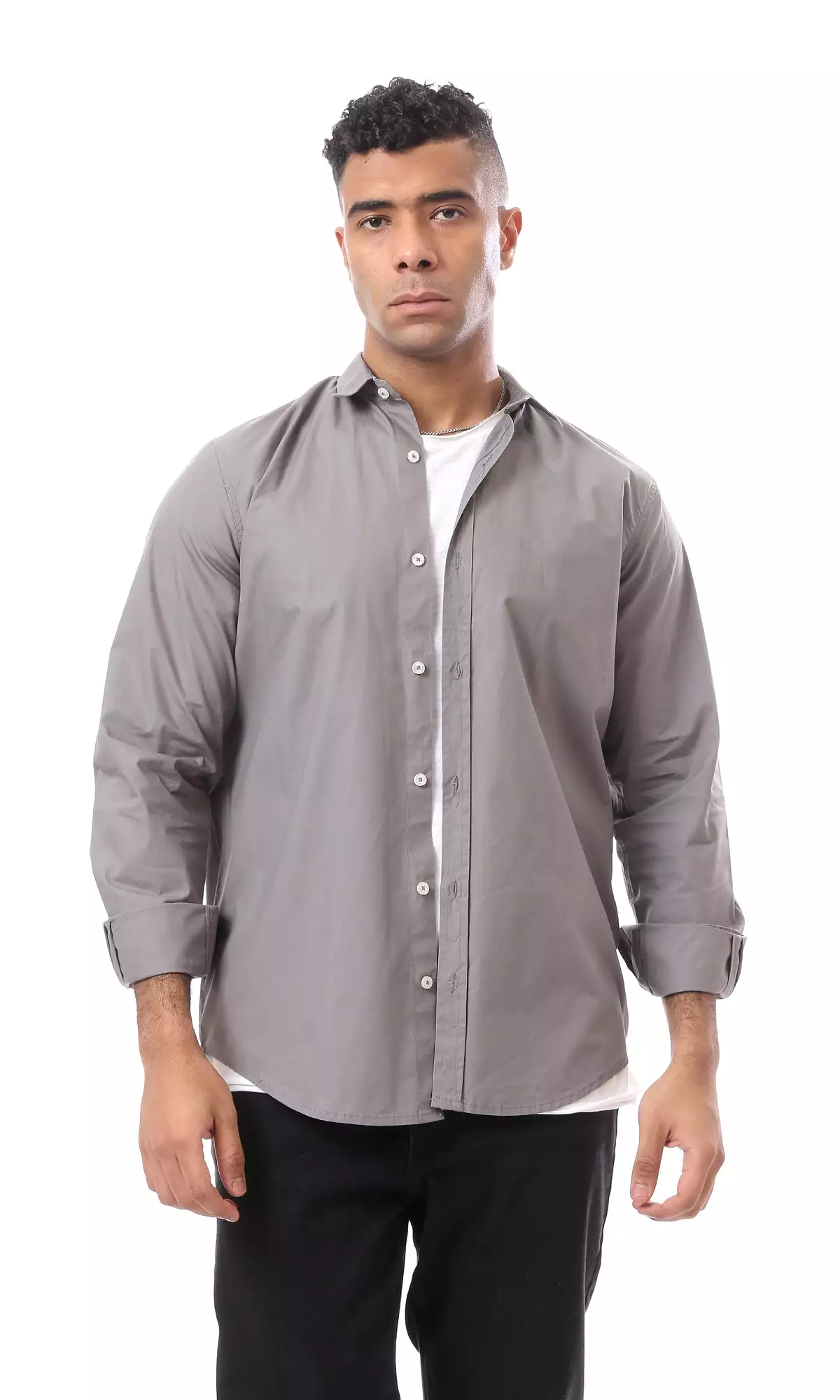 O163549 Buttoned Long Sleeves Fashioned Medium Grey Shirt