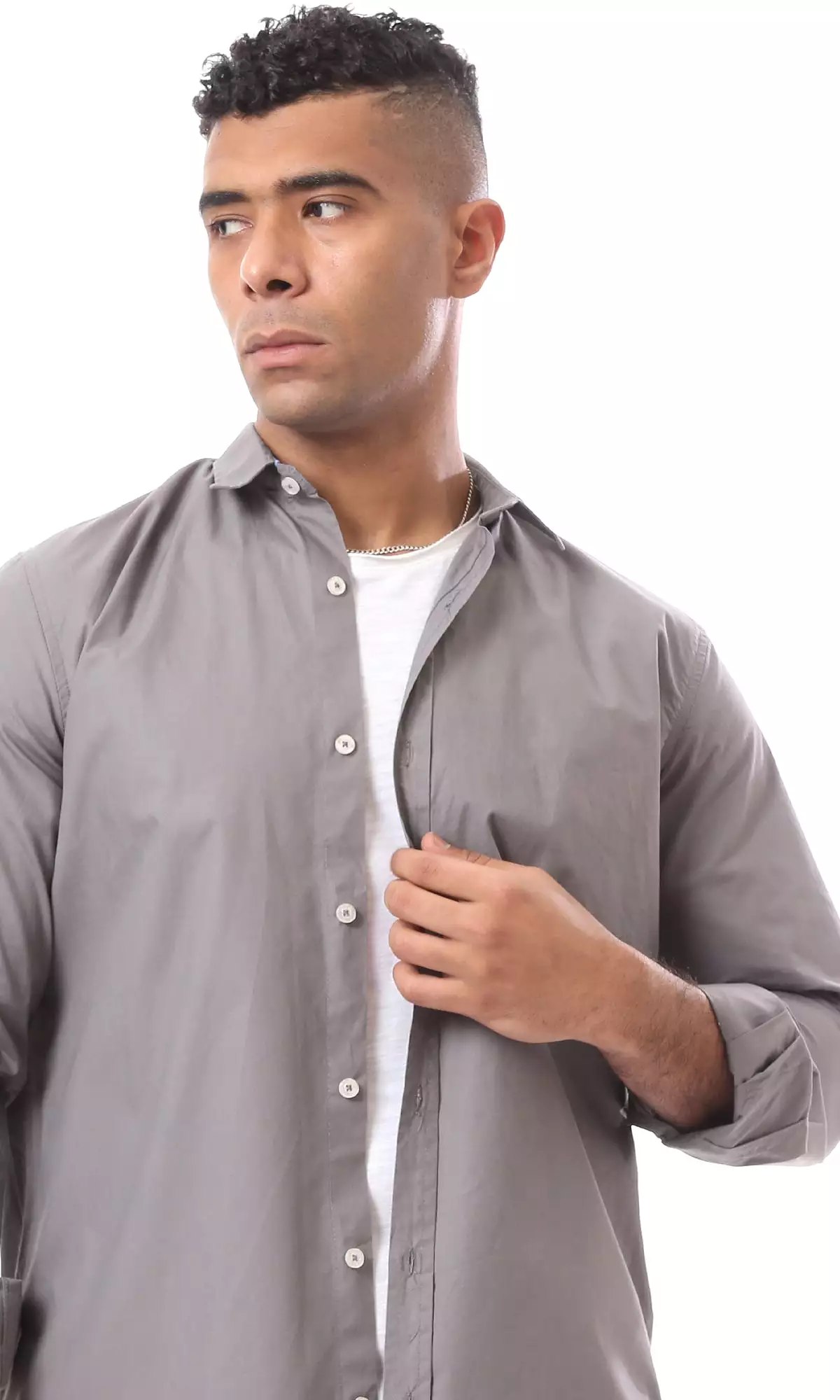 O163549 Buttoned Long Sleeves Fashioned Medium Grey Shirt