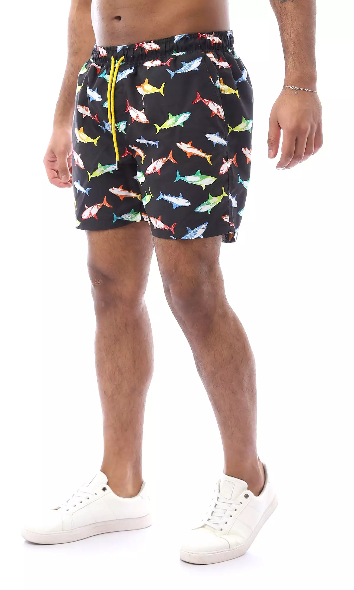 O167847 Colorful Sharks Slip On Black Swim Shorts